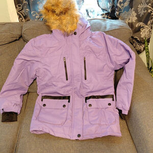 Girls FARVALUE Purple Winter Jacket Size 10 with Black Trim & Faux Fur Hood